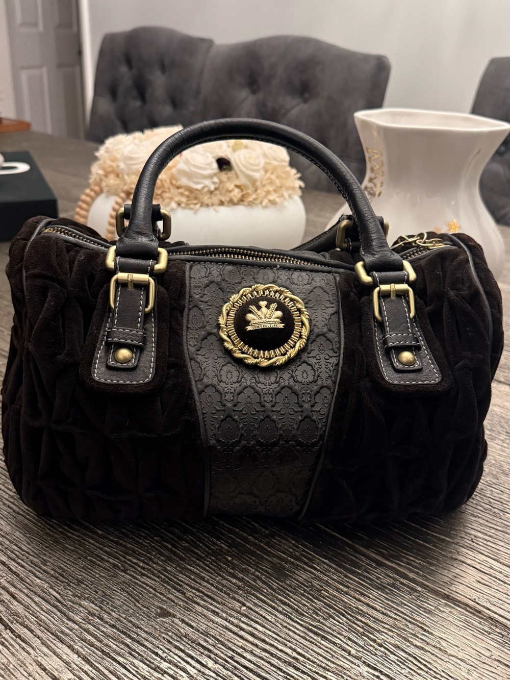 Juicy Couture Black Velvet Satchel with Gold Emblem